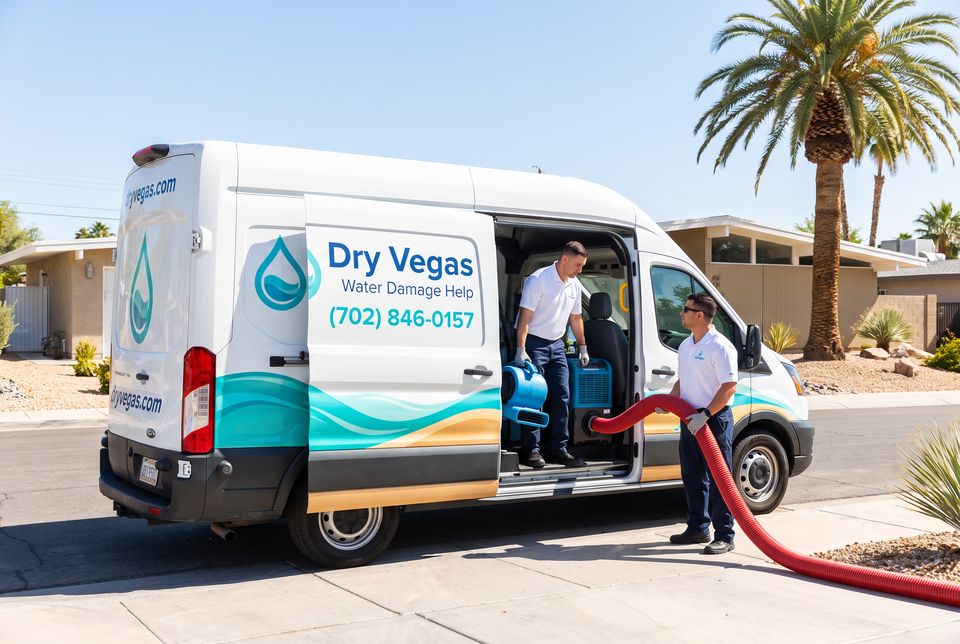 Two Dry Vegas technicians in white polos unloading blue air movers and a red extraction hose from the van side door