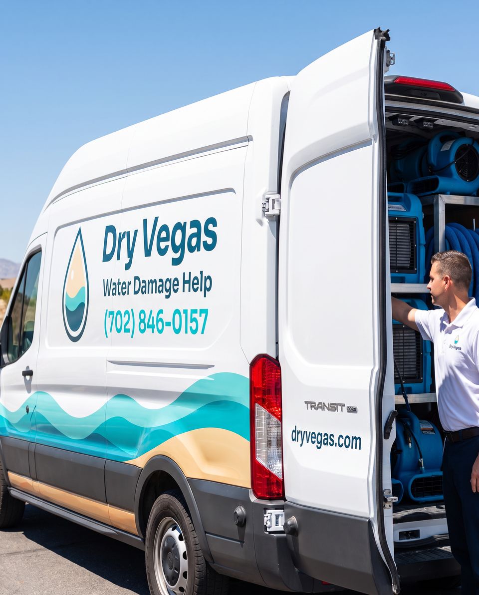 Rear doors of the Dry Vegas van open with racked blue air movers and hoses, a technician reaching in