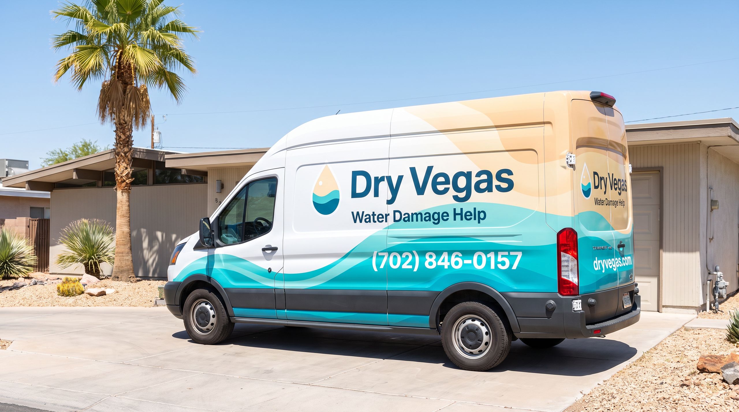 White Dry Vegas van with an aqua and sand water wave wrap, the Dry Vegas name and (702) 846-0157 on the side, parked by a palm tree